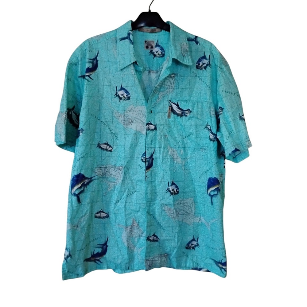 Columbia River Lodge Mens Large Teal Marlin Map Fishing Button Down Shirt